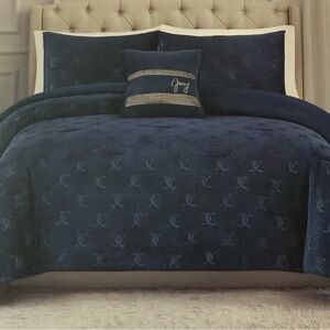 Juicy Couture Blue JC Monogram Embossed Plush 4pc KING Comforter Set Soft &Cozy